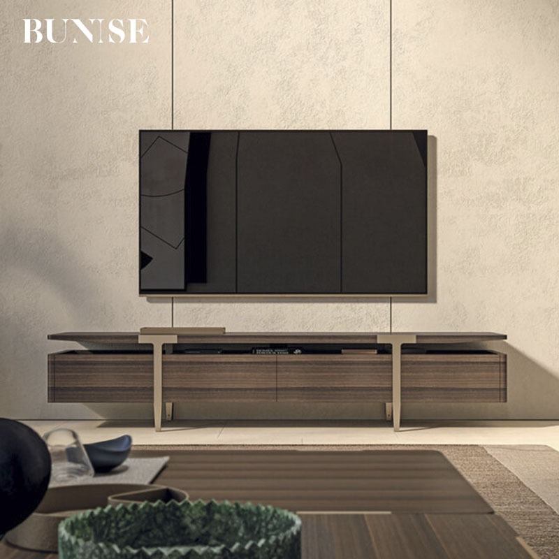 3337e3811d9d5559cfe379e046d0e26b.jpg BUNISE ITALY Metal TV Stand Smoked Oak Solid Wood BG1204 - Image 1
