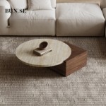 Bunise Natural Travertine & Marble Coffee Table Wabi-Sabi Style for Living Room Walnut/Carbon Black Colors Free Nationwide Delivery