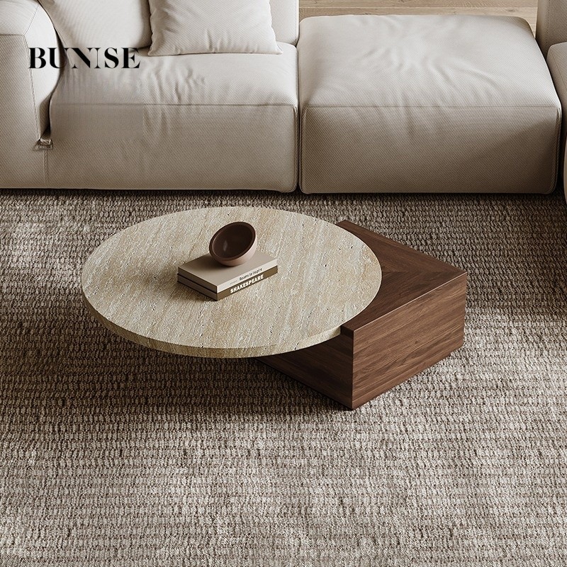 主图_001 Bunise Natural Travertine & Marble Coffee Table Wabi-Sabi Style for Living Room Walnut/Carbon Black Colors Free Nationwide Delivery - Image 1